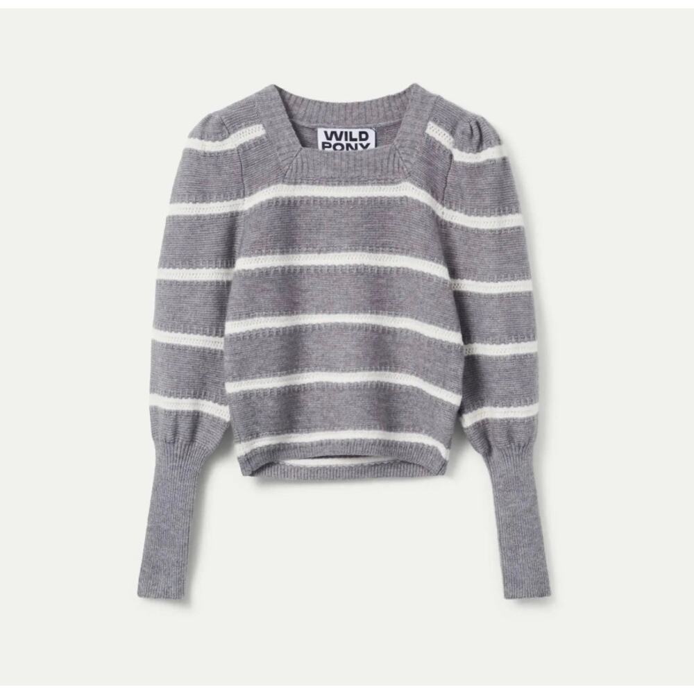 Wild Pony Medium Crochet Knit Sweater Gray Striped Square Neck